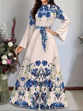Elegant Blue Floral Maxi Dress with Belt